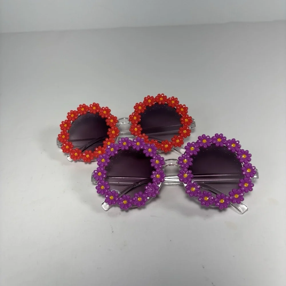 Toddler Daisy Shape Round Sunglasses Set Of 2 Purple Red Retro 60s Boho